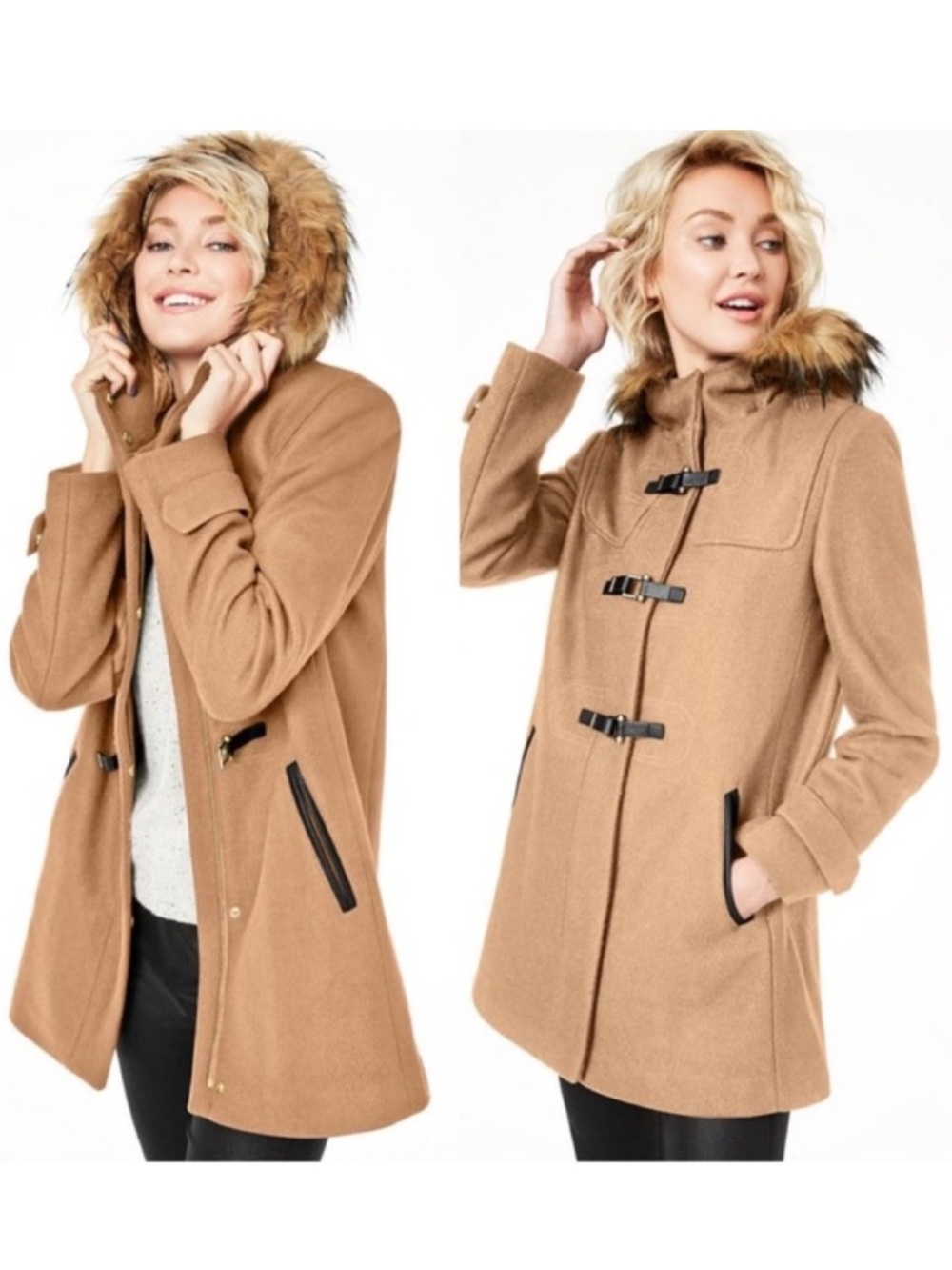 Cole Haan Signature hooded wool blend duffle coat with faux fur trim Size 6